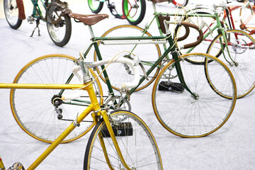 Fototapeta na wymiar Old vintage road bicycles on exhibition