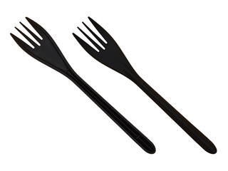 Two disposable black plastic forks isolated on a white background in the form of a sign. The concept of harm to nature.