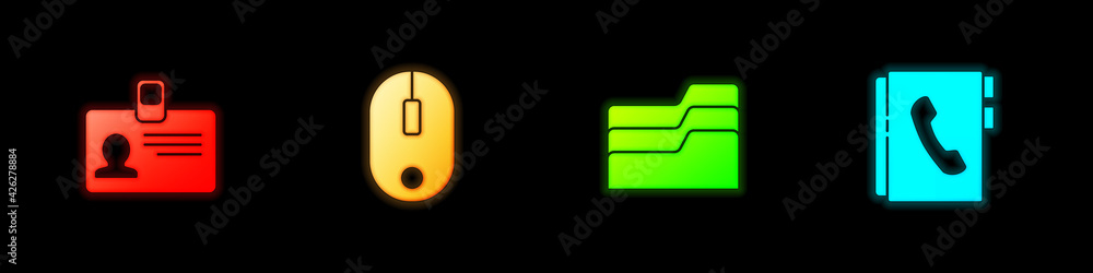 Poster set identification badge, computer mouse, document folder and address book icon. vector