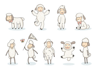 Cute white sheep collection. Cartoon funny sheeps in hand drawn style. Vector set of graphic design elements for kids poster