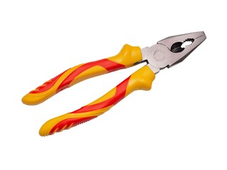 Obraz na płótnie Canvas Modern, new pliers with yellow, red rubber handles isolated on a white background, top view. The concept of repair, home tool.