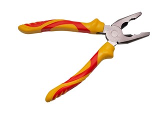 Obraz na płótnie Canvas Modern, new pliers with yellow, red rubber handles isolated on a white background, top view. The concept of repair, home tool.