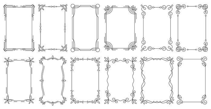 Decorative frames. Vintage calligraphic antique borders. Ornate calligraph rectangle frames, wedding elegant ornamental borders and filigree floral ornaments for framed certificate template