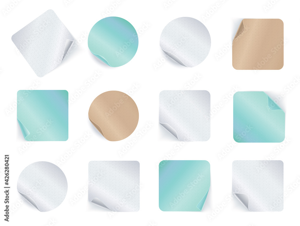 Poster set of adhesive stickers. realistic empty sticky labels or price tags set with shadow. blank round a