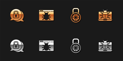 Set Cyber security, System bug, Safe combination lock and monitor icon. Vector