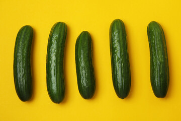 Group of fresh ripe cucumbers on yellow background