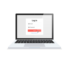 Laptop with log in form interface on the screen. For a web page, sign in to account, user authorization, login authentication page. Vector.