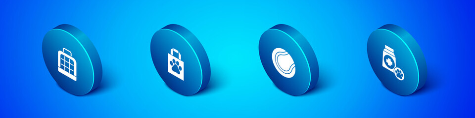 Set Isometric Pet carry case, Tennis ball, Bag of food and Shopping bag pet icon. Vector