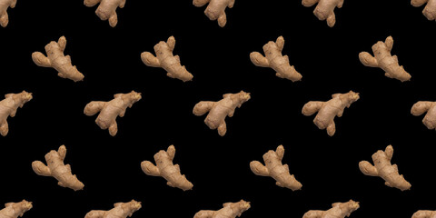 A seamless, repetitive pattern of ginger root on a black background. Asian, Chinese traditional...