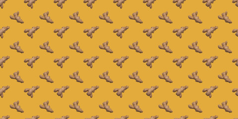 A seamless, repetitive pattern of ginger root on a yellow background. Asian, Chinese traditional...