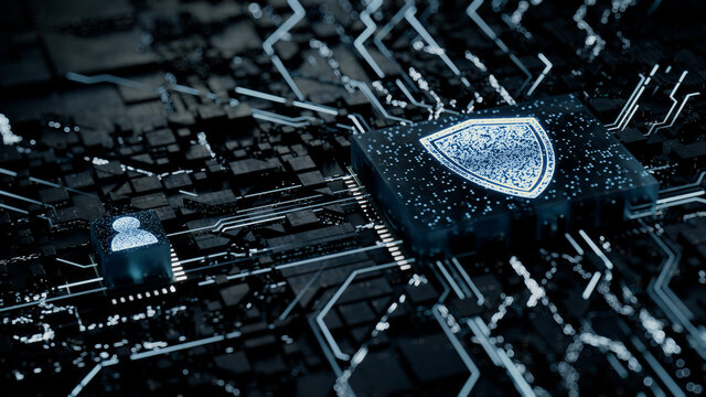 Security Technology Concept with shield symbol on a Microchip. White Neon Data flows between the CPU and the User across a Futuristic Motherboard. 3D render.