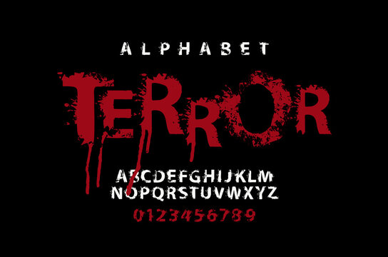 TERROR lettering in scary dripping bloody letters. Vector set of white alphabet letters and numbers in grunge style on a black background. Splash Alphabet. Horror font for headline, poster, label