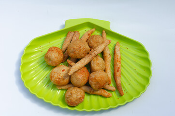 A selective focus image of Sotong and Tahu Bulat or Round tofu, Traditional Food From indonesia