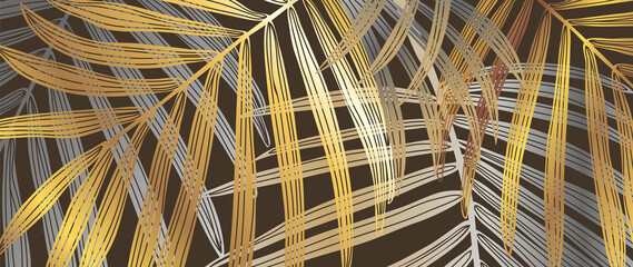 Luxury gold palm or Coconut leaf plant line arts background. Design for wall arts decoration, prints and fabric. Vector illustration.