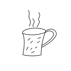 Hand drawn cup in line art style. Mug with hot coffee or tea,  steam isolated on white. Vector illustration 