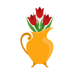 Red tulips in vase. Jug with beautiful flowers. Flat style. Vector illustration isolated on white.