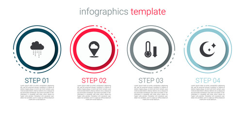 Set Cloud with rain, Location cloud, Meteorology thermometer and Moon and stars. Business infographic template. Vector