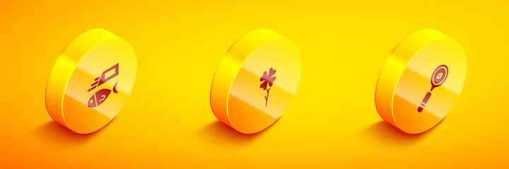 Set Isometric Fish and chips, Four leaf clover and Magnifying glass icon. Vector