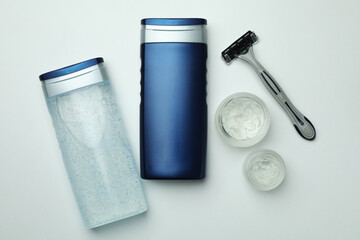 Concept of men's hygiene tools on white background
