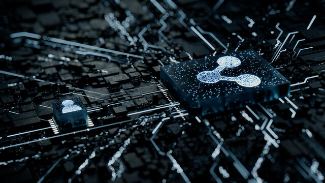 Network Technology Concept with share symbol on a Microchip. White Neon Data flows between the CPU and the User across a Futuristic Motherboard. 3D render.
