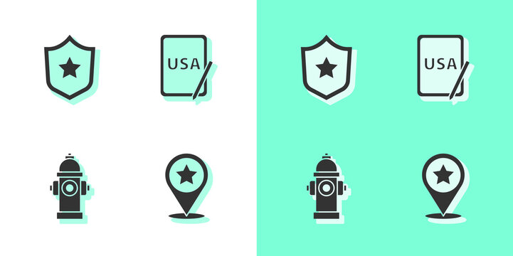 Set USA Independence day, Police badge, Fire hydrant and on graphic tablet icon. Vector