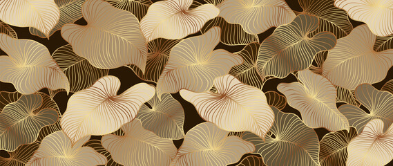 Luxury gold and nature brown background vector. Floral pattern, Golden split-leaf Philodendron plant with monstera plant line arts.