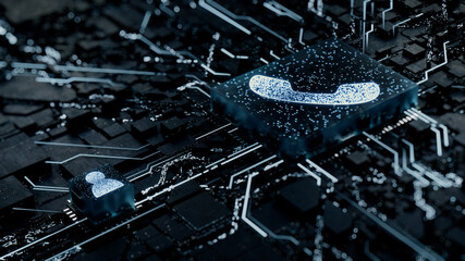 Communication Technology Concept with phone symbol on a Microchip. White Neon Data flows between the CPU and the User across a Futuristic Motherboard. 3D render.