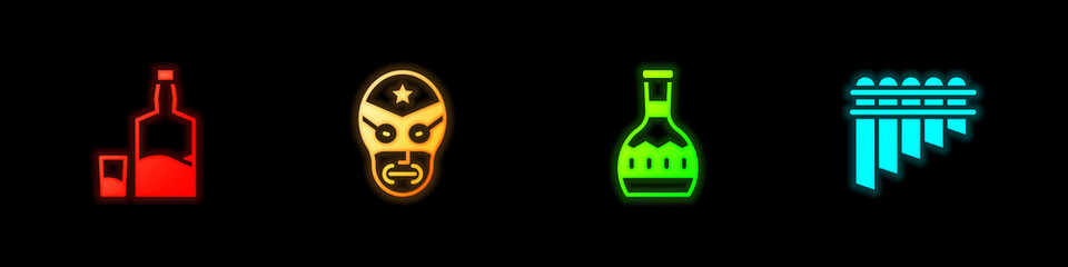 Set Tequila bottle and glass, Mexican wrestler, and Pan flute icon. Vector