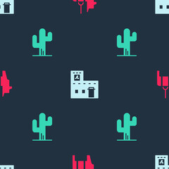 Set Pinata, Mexican house and Cactus on seamless pattern. Vector