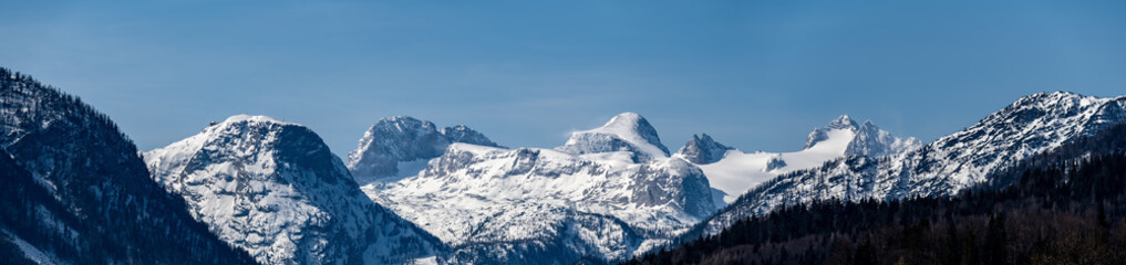 Fototapeta na wymiar Dachstein Massif and dachstein Summit in Springtime seen from Altausee, Salzkammergut, Austria