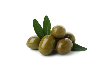 Tasty green olives isolated on white background