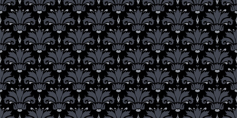 Dark background pattern with gray floral ornament on a black background, wallpaper. Seamless pattern, texture for your design. Vector illustration