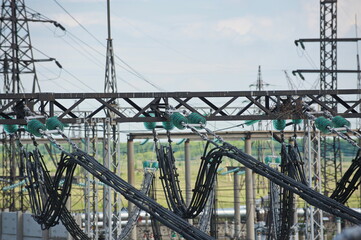 Petropavlovsk, Kazakhstan - 05.26.2015 : High-voltage transmission lines with insulators, coils and...