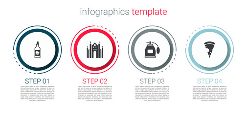 Set Bottle of olive oil, Milan Cathedral, Perfume and Slice pizza. Business infographic template. Vector