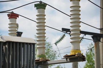 Petropavlovsk, Kazakhstan - 05.26.2015 : High-voltage transmission lines with insulators, coils and...