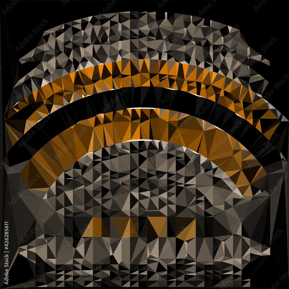 Poster 3d design in grey orange and white on a jet black background intricate patterns and shapes