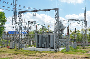 Petropavlovsk, Kazakhstan - 05.26.2015 : High-voltage transmission lines with insulators, coils and distribution blocks.