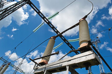 Petropavlovsk, Kazakhstan - 05.26.2015 : High-voltage transmission lines with insulators, coils and...