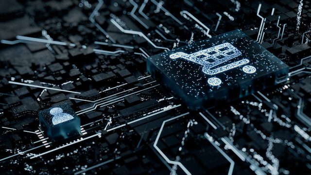 Ecommerce Technology Concept with shopping symbol on a Microchip. White Neon Data flows between the CPU and the User across a Futuristic Motherboard. 3D render.
