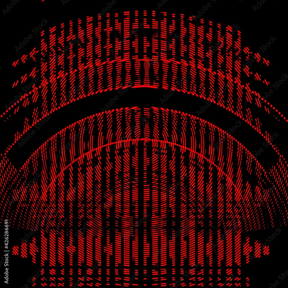 Poster halftone design in dark red on a jet black background intricate patterns and shapes