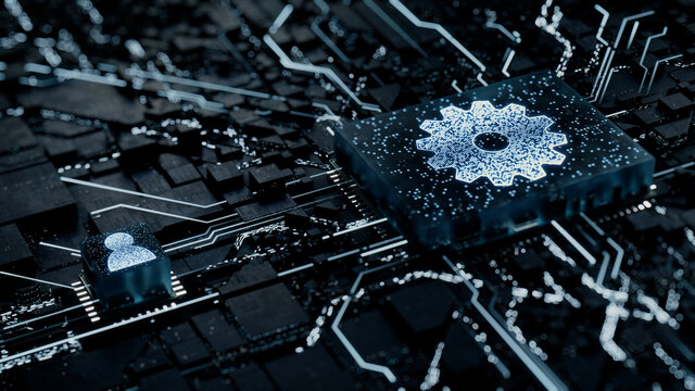 Configure Technology Concept with cog symbol on a Microchip. White Neon Data flows between the CPU and the User across a Futuristic Motherboard. 3D render.
