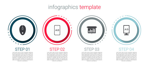 Set Computer mouse, Advertising, Board with graph chart and . Business infographic template. Vector