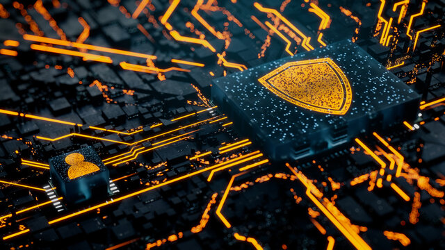 Security Technology Concept with shield symbol on a Microchip. Orange Neon Data flows between the CPU and the User across a Futuristic Motherboard. 3D render.