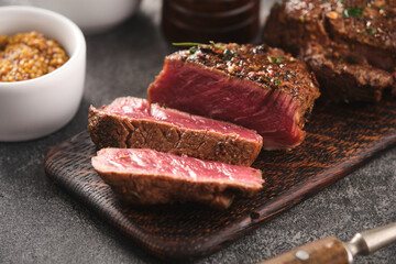 Grilled beef fillet steaks with herbs and spices on wooden board. Two Fillet mignon. Fillet of beef. - 426287252