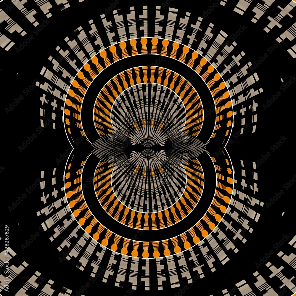Poster 3d design in grey orange and white on a jet black background intricate patterns and shapes