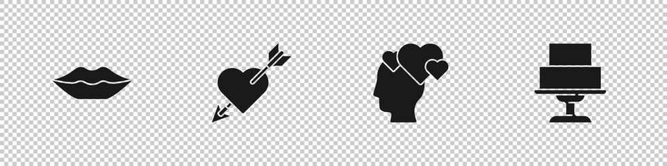 Set Smiling lips, Amour with heart and arrow, Head and Wedding cake icon. Vector