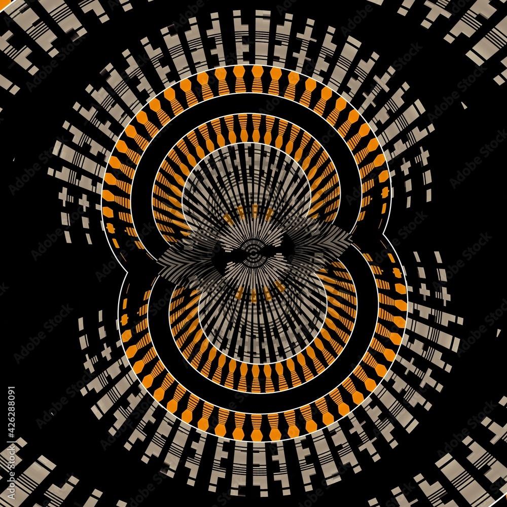 Poster 3d design in grey orange and white on a jet black background intricate patterns and shapes
