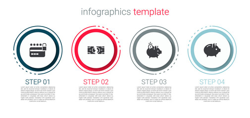 Set Credit card with lock, Tearing money banknote, Piggy coin and . Business infographic template. Vector