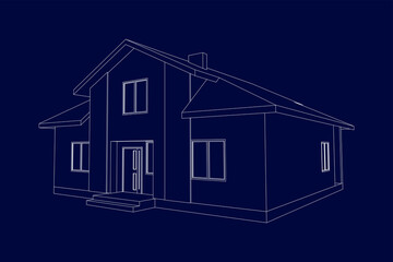Building perspective 3D. Drawing of the suburban house. Outlines cottage on blue background. House 3D model perspective vector. Cottage blueprint. EPS 10. 