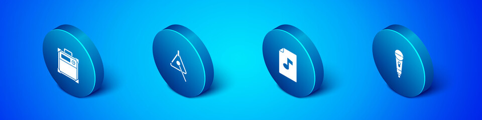 Set Isometric Guitar amplifier, Music book with note, Microphone and Triangle icon. Vector